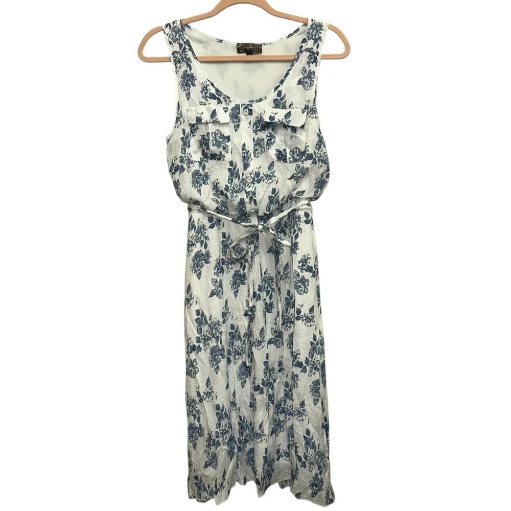 J Glee White Blue Floral Midi Sundress Sleeveless Button Front Belted Size M